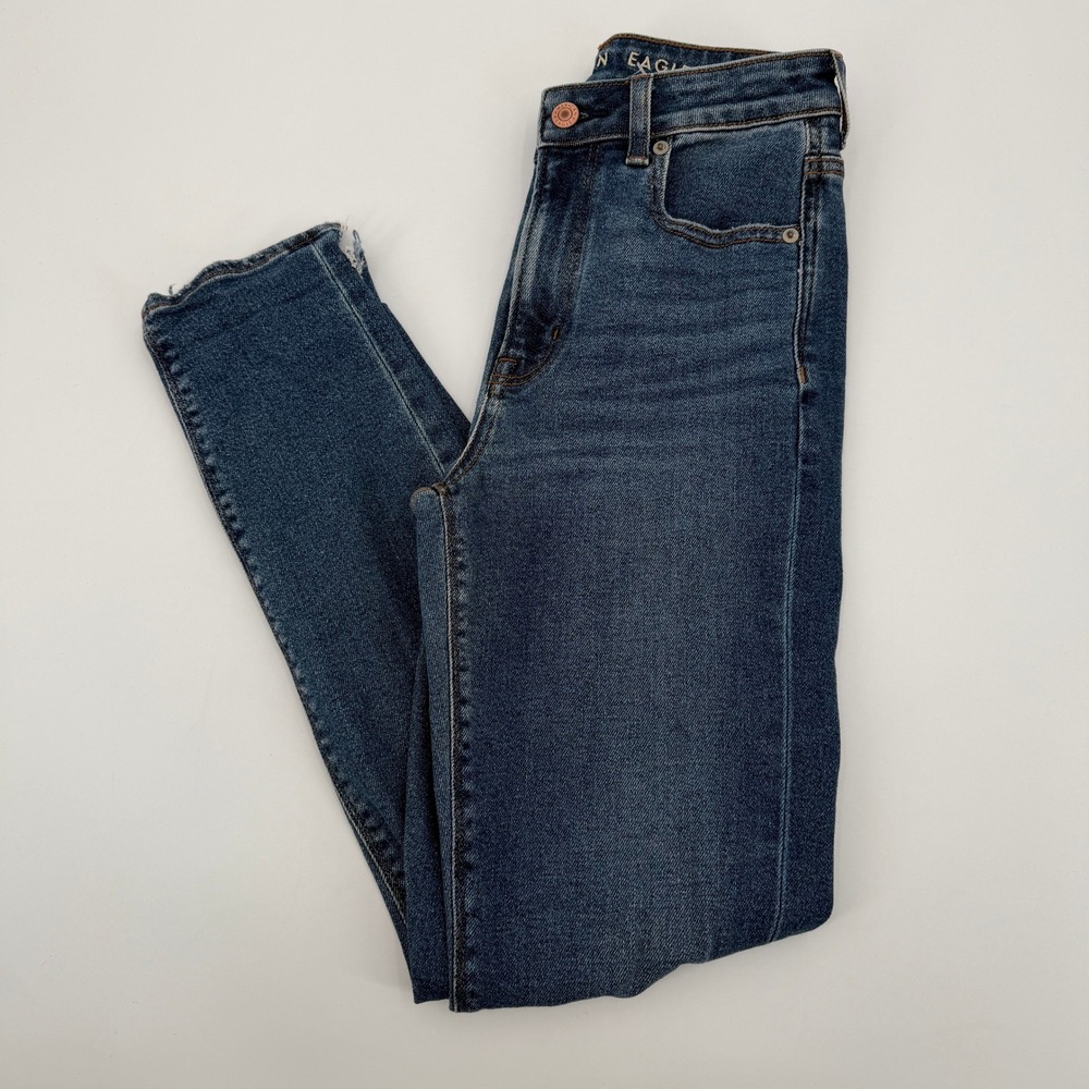 American Eagle Womens High Rise Skinny Distressed Dark Wash Jeans Size 00 Ripped